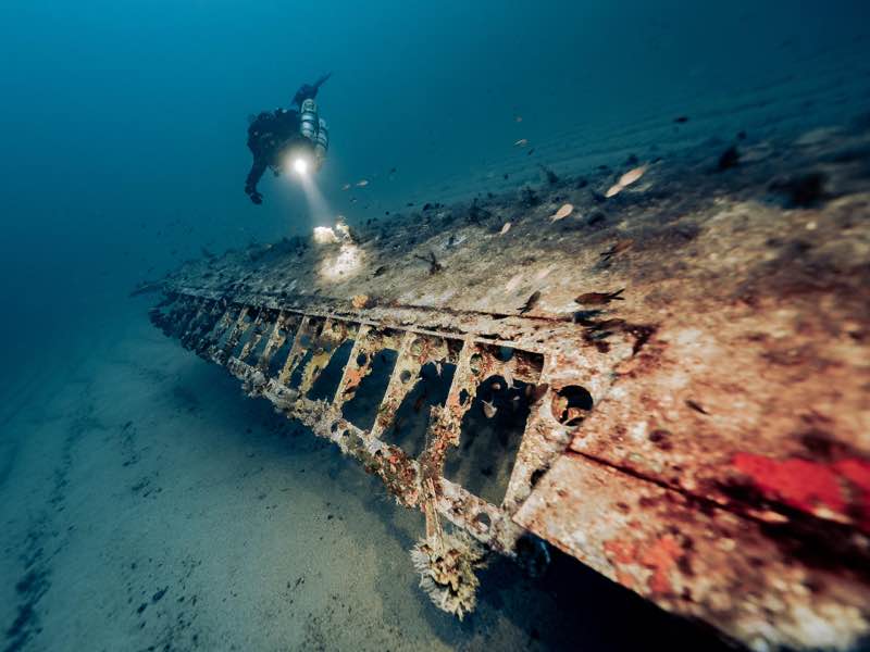 B-24 Liberator wing ribs with tec diver at 55-58m. Photo: Jon Borg