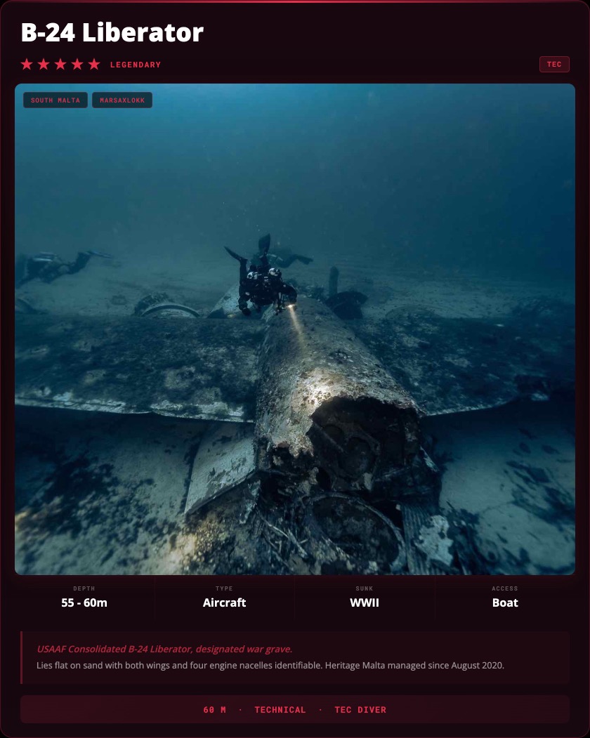 B-24 Liberator Wreck Malta dive site card