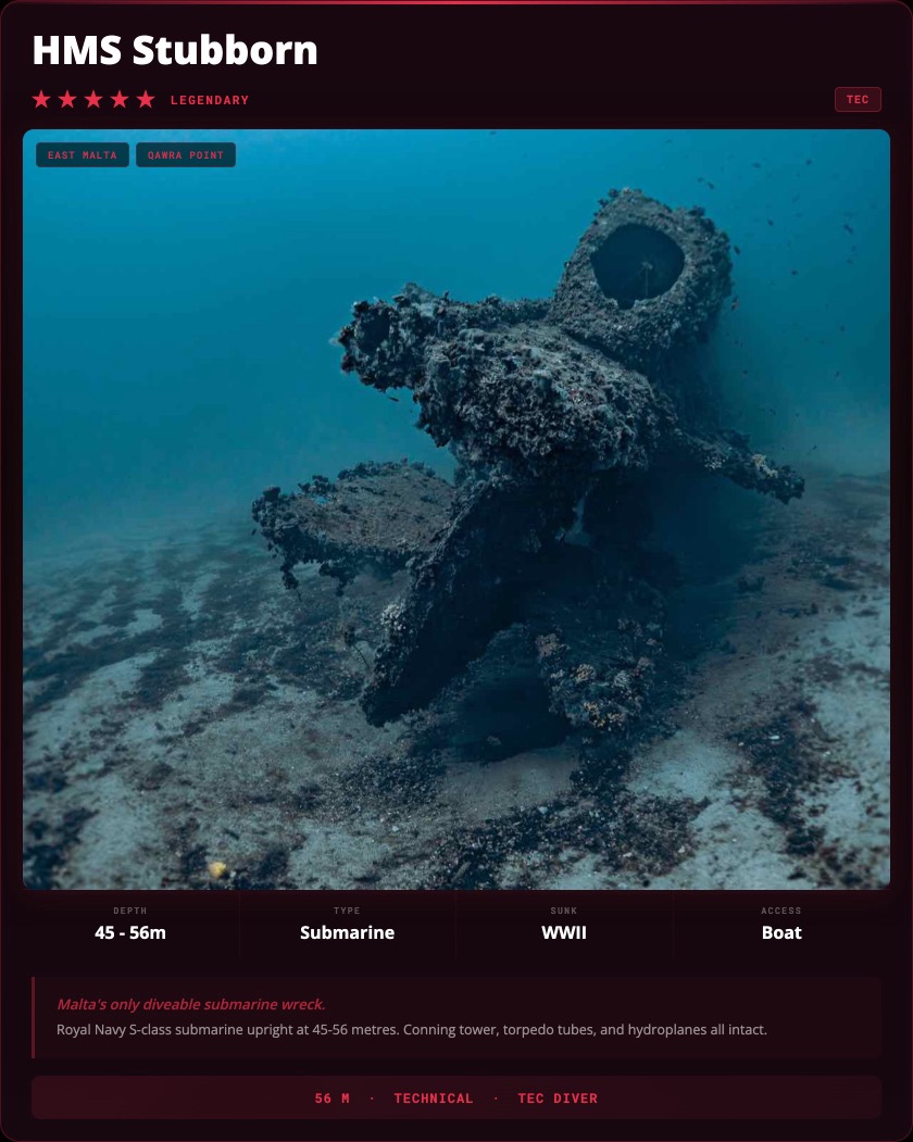 HMS Stubborn Submarine Wreck dive site card