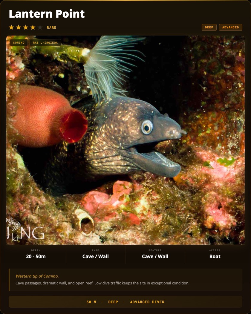 Lantern Point Diving Comino Malta dive site card