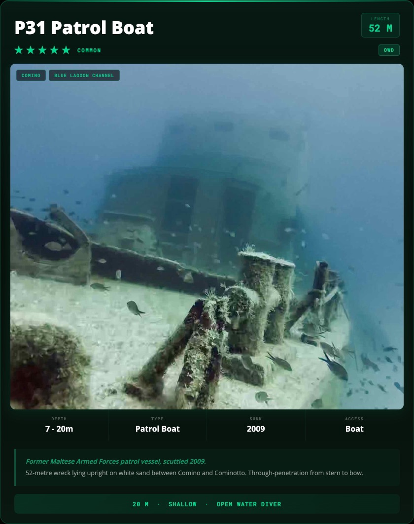 P31 Patrol Boat Wreck Comino dive site card