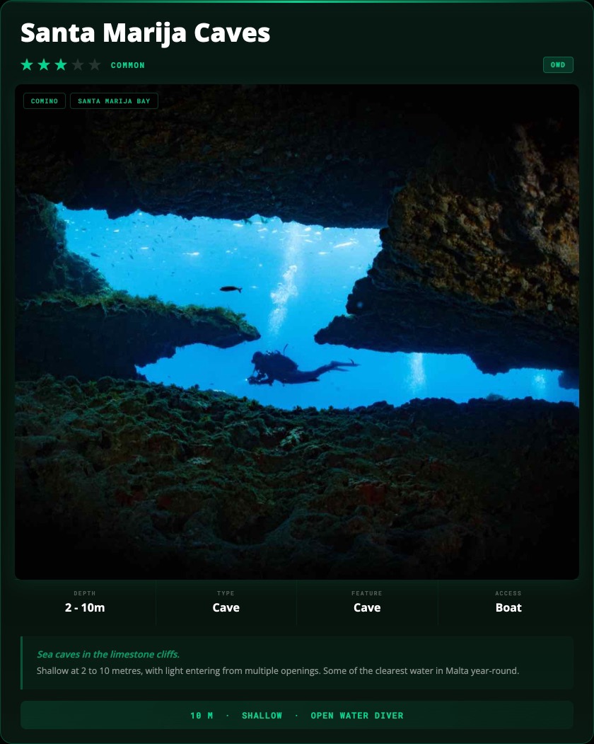 Santa Marija Caves Comino dive site card