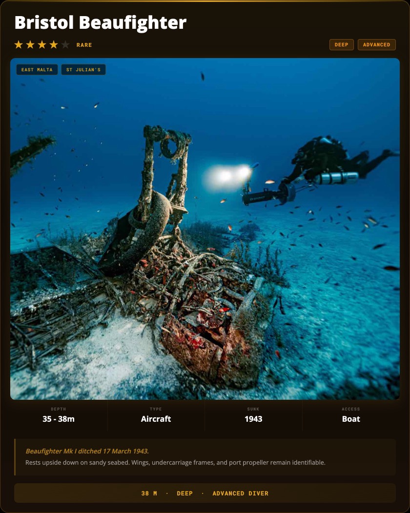 Bristol Beaufighter Wreck Diving Malta dive site card