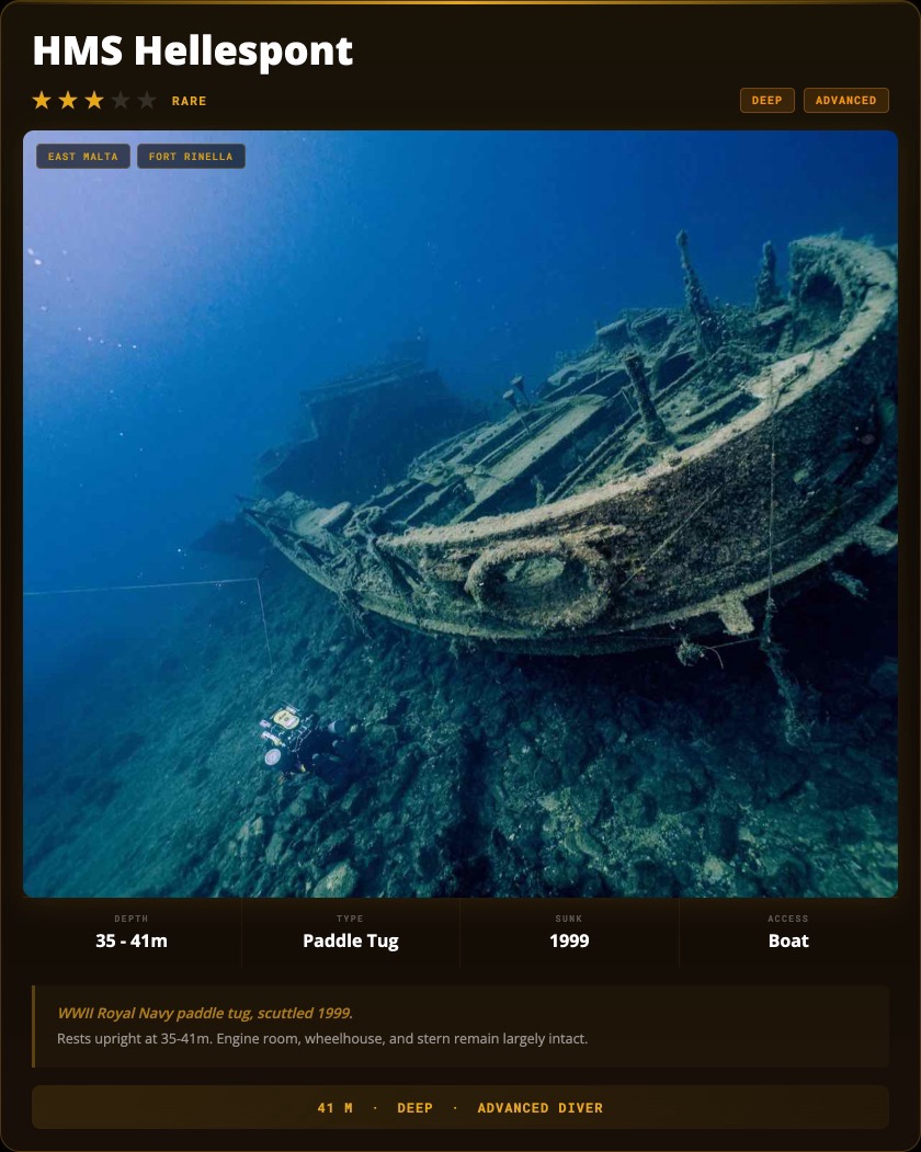 HMS Hellespont Wreck Malta dive site card
