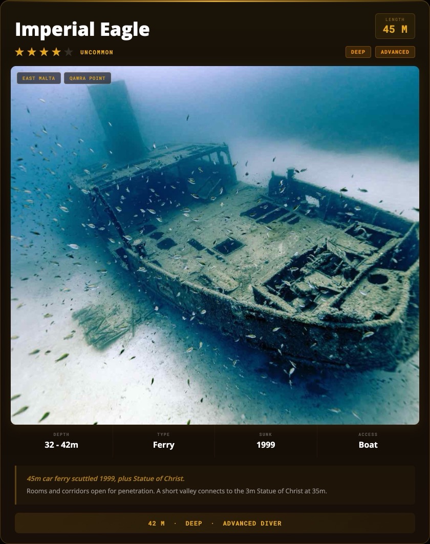 Imperial Eagle Wreck and Statue of Christ Diving Malta dive site card