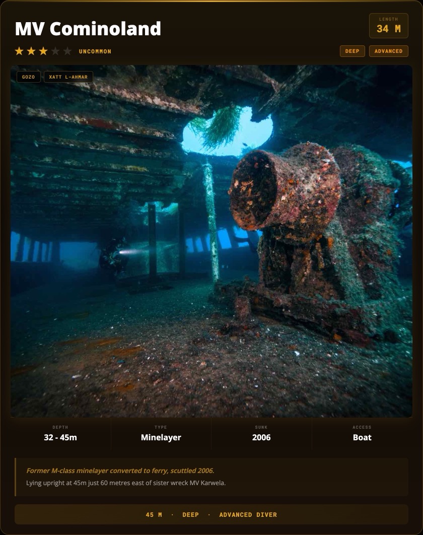 MV Cominoland Gozo dive site card