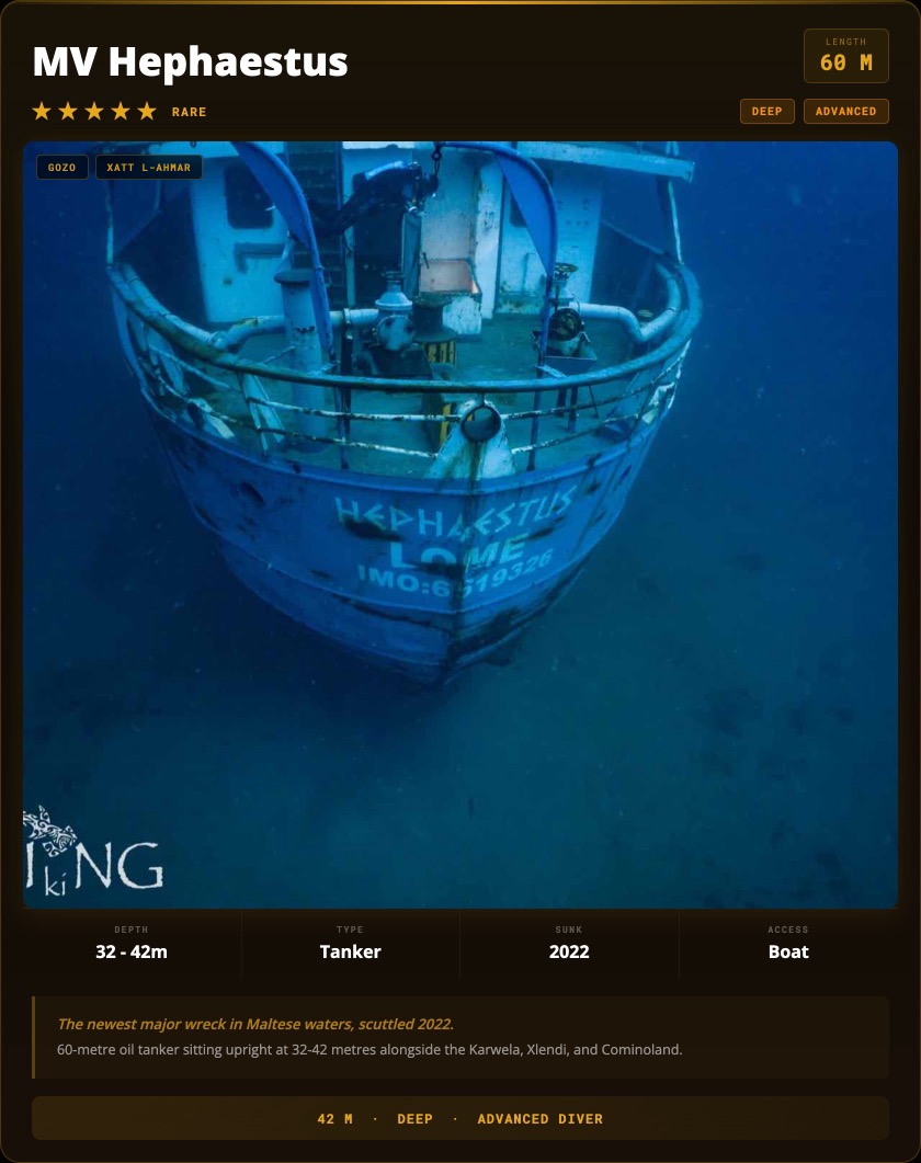 MV Hephaestus dive site card