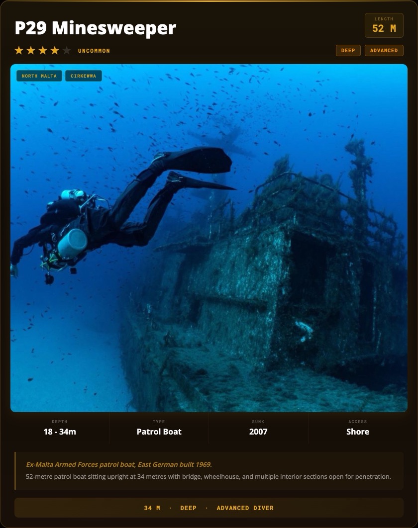P29 Minesweeper Malta dive site card
