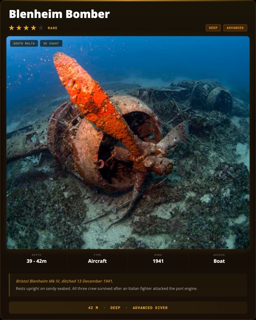 Blenheim Bomber Wreck Diving Malta dive site card