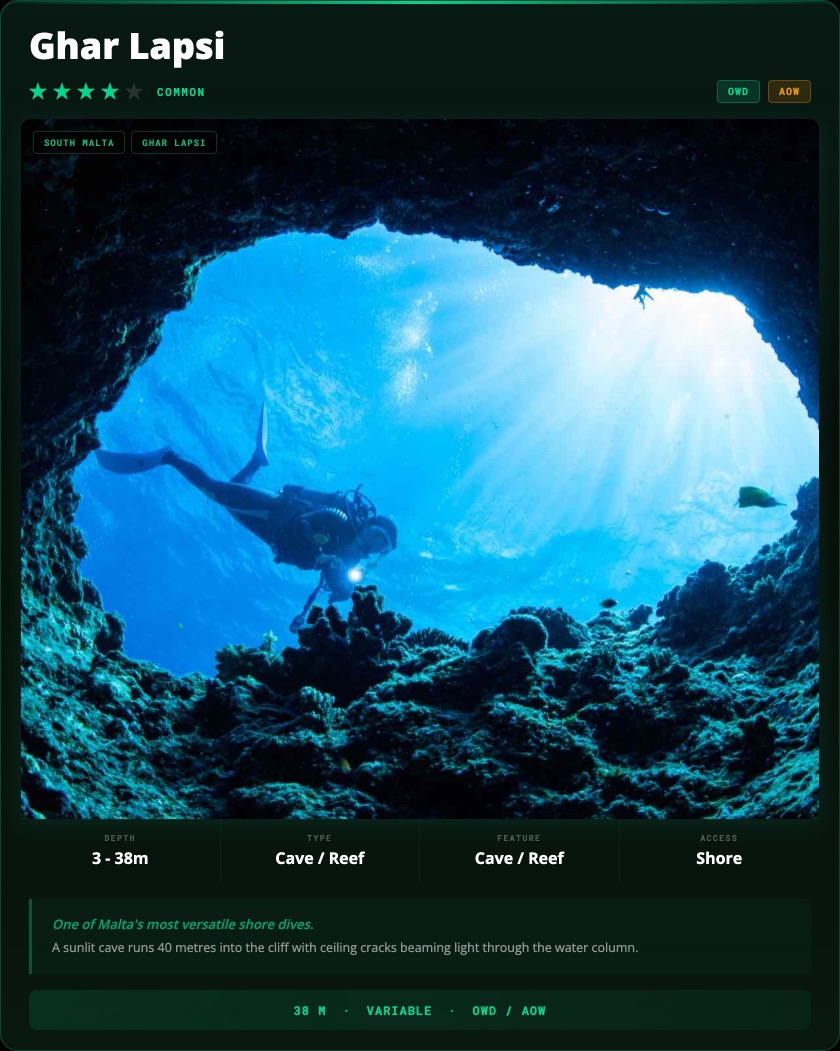 Ghar Lapsi Diving Malta dive site card