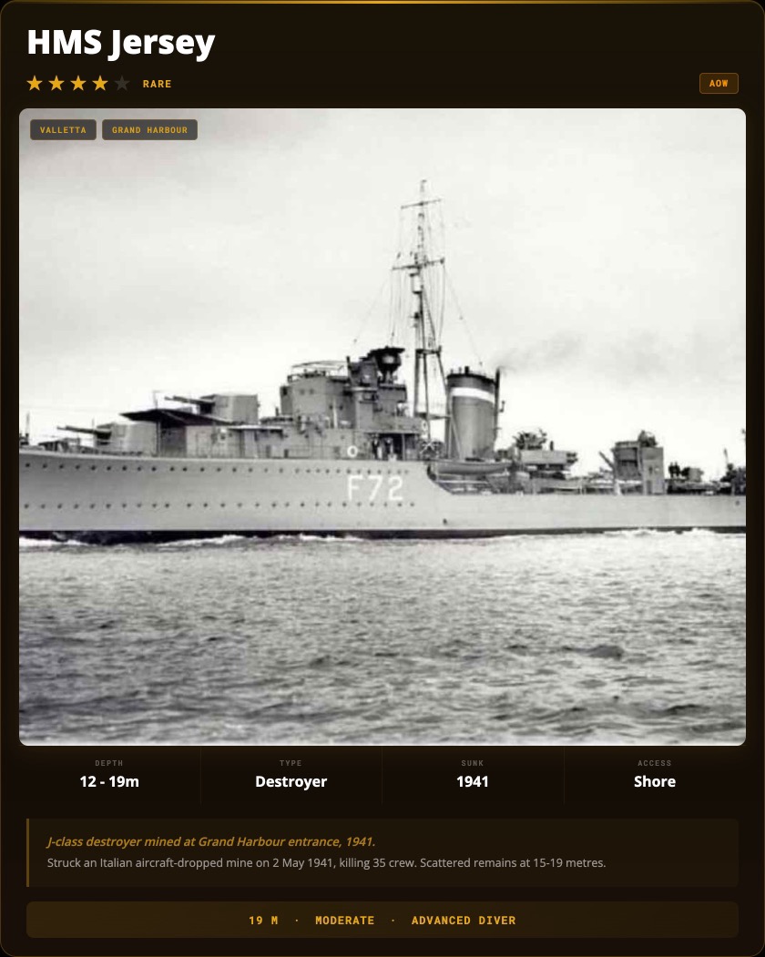 HMS Jersey Malta dive site card