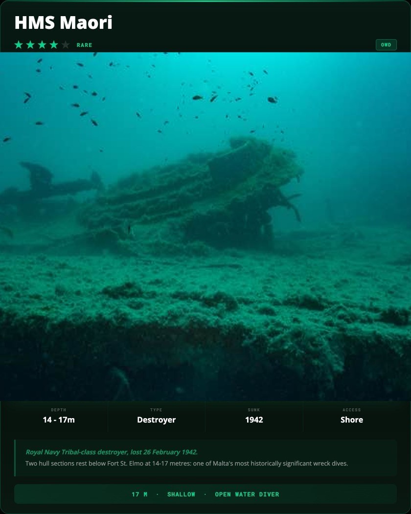 HMS Maori Wreck dive site card