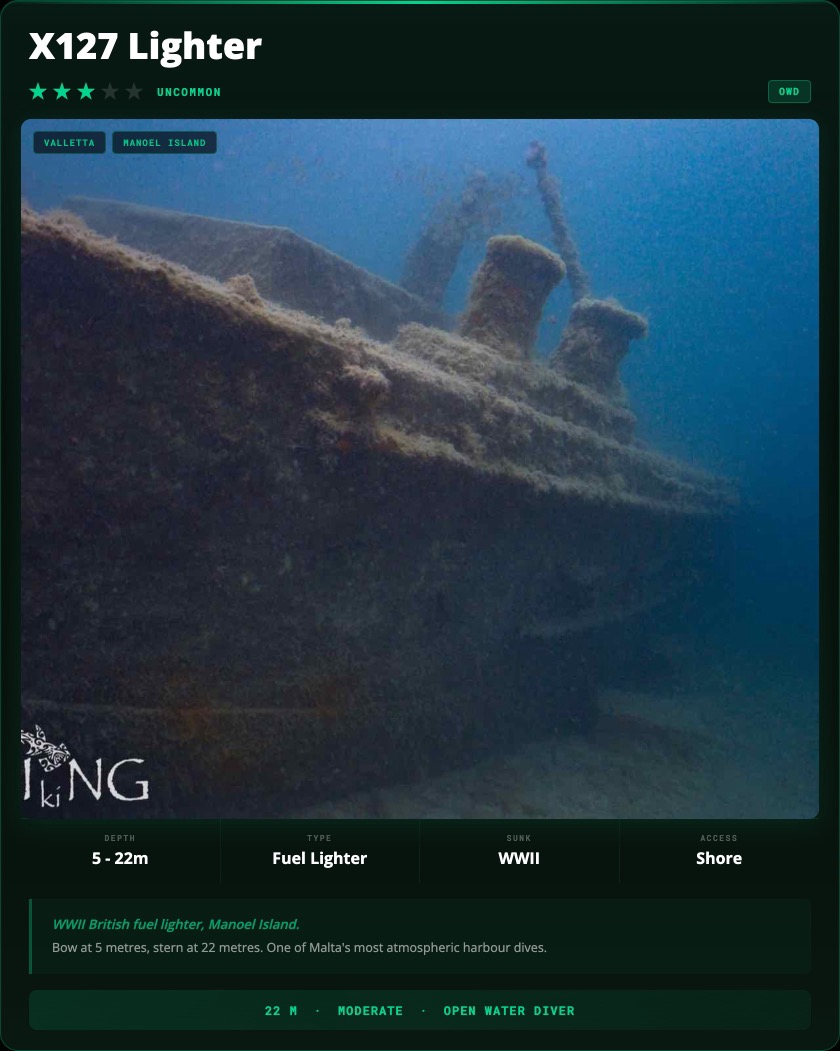 X127 Lighter Wreck dive site card