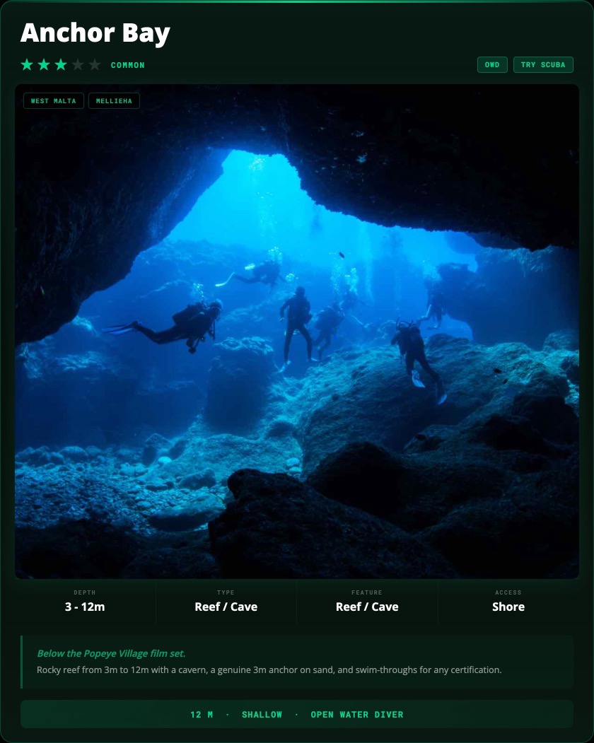 Anchor Bay Diving Malta dive site card