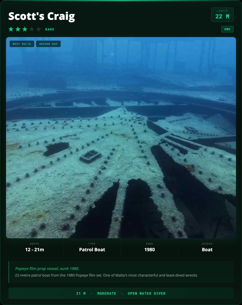 Scott's Craig Wreck dive site card