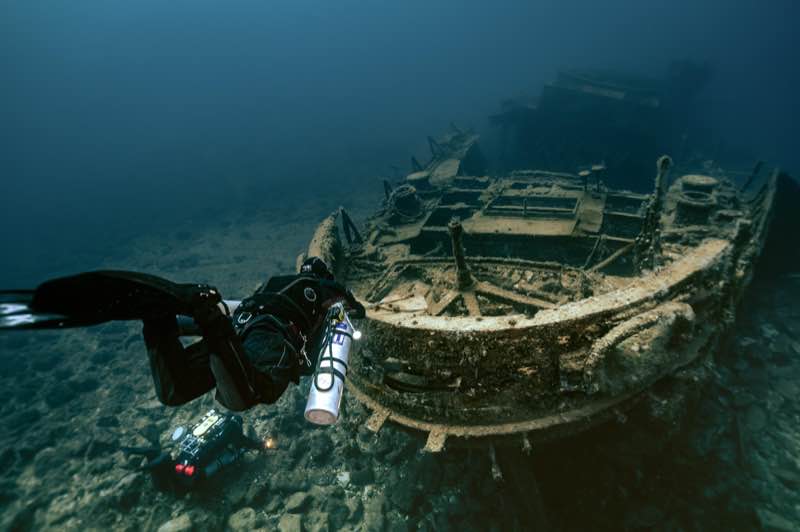 Stern deck HMS Hellespont with tow hooks intact